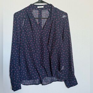 Maurices Dark Blue Blouse with Red Floral Design